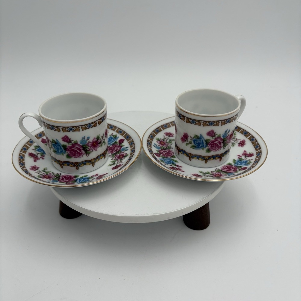 Vtg Porcelain Floral Demitasse Cup & Saucer‎ Espresso Roses 2 Sets Made In China